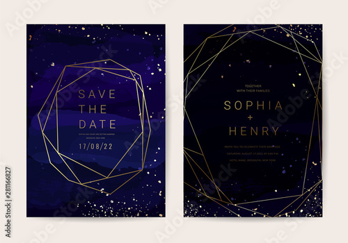 Wedding Invitation, Thank you Card, rsvp, posters, modern card Design Collection. Trendy indigo Marble background, Marbling texture design in navy blue ,green turquoise and golden texture vector 