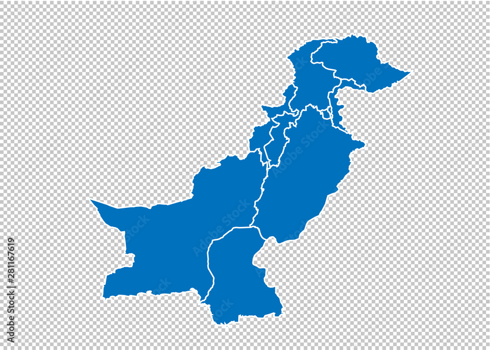 pakistan map - High detailed blue map with counties/regions/states of pakistan. pakistan map isolated on transparent background.
