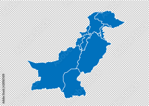 pakistan map - High detailed blue map with counties/regions/states of pakistan. pakistan map isolated on transparent background.