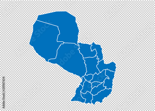 paraguay map - High detailed blue map with counties/regions/states of paraguay. paraguay map isolated on transparent background.