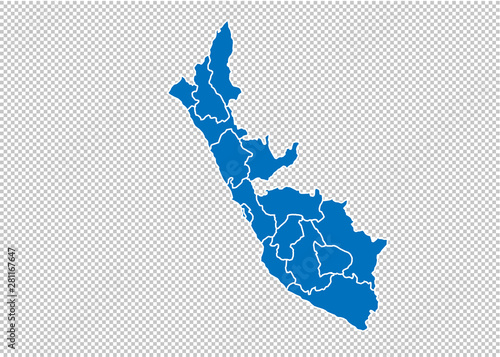 peru map - High detailed blue map with counties/regions/states of peru. peru map isolated on transparent background.