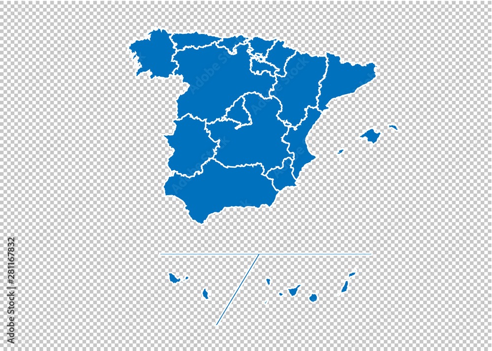 spain Provinces map - High detailed blue map with counties/regions/states of spain Provinces. spain Provinces map isolated on transparent background.