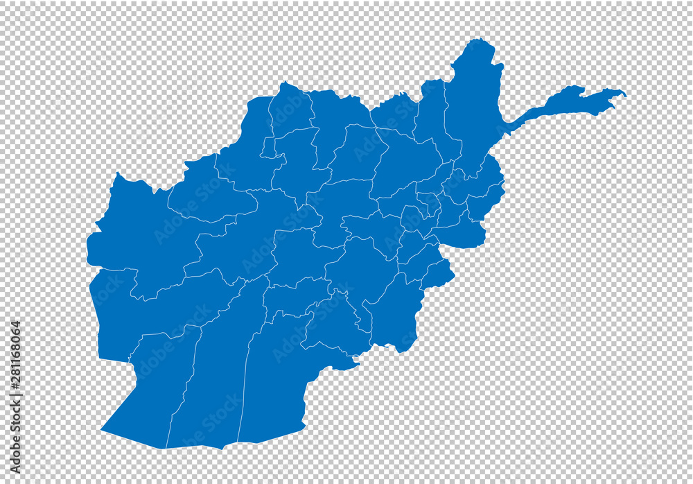 Afghanistan map - High detailed blue map with counties/regions/states of Afghanistan. Afghanistan map isolated on transparent background.
