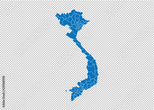 vietnam map - High detailed blue map with counties/regions/states of vietnam. vietnam map isolated on transparent background.