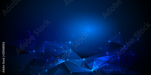 Molecules with Circles, Lines, Geometric, Polygon, Triangle pattern. Vector design network communication technology on dark blue background