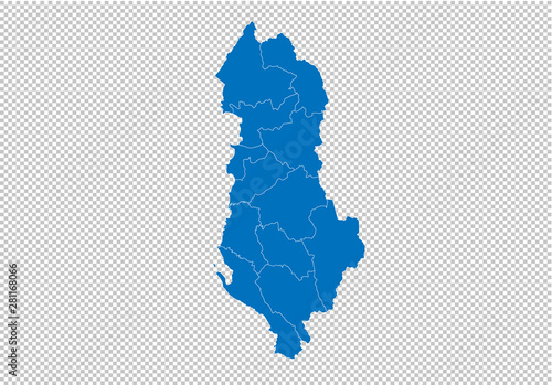 albania map - High detailed blue map with counties/regions/states of albania. albania map isolated on transparent background.