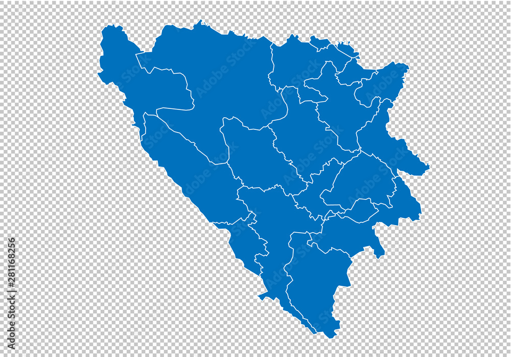 bosnia Herzegovina Cantons map - High detailed blue map with counties/regions/states of bosnia Herzegovina Cantons. bosnia map isolated on transparent background.