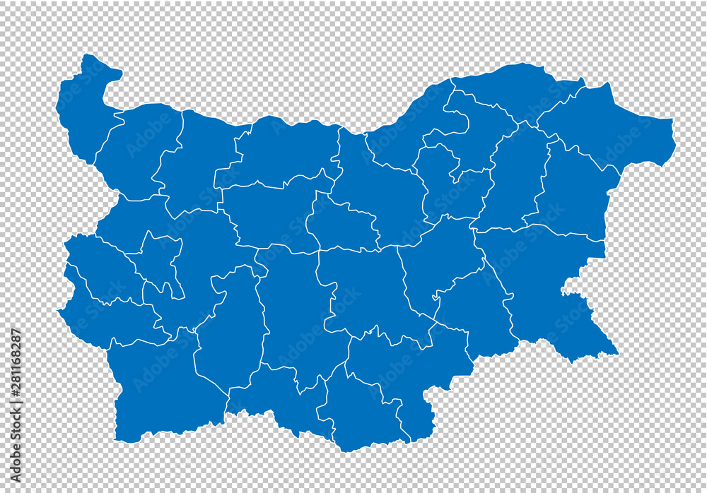 bulgaria map - High detailed blue map with counties/regions/states of bulgaria. bulgaria map isolated on transparent background.
