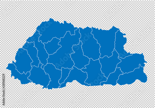 bhutan map - High detailed blue map with counties/regions/states of bhutan. bhutan map isolated on transparent background.