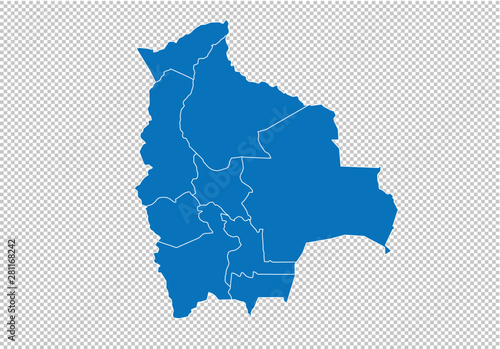 bolivia map - High detailed blue map with counties/regions/states of bolivia. bolivial map isolated on transparent background.