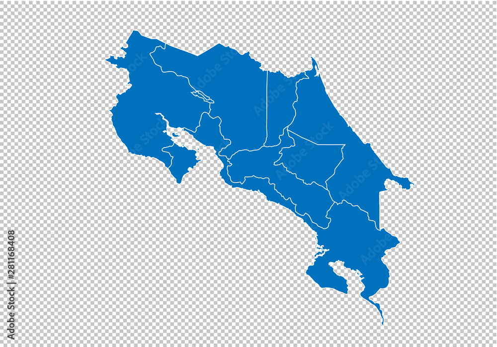 costa Rica map - High detailed blue map with counties/regions/states of costa Rica. costa Rica map isolated on transparent background.
