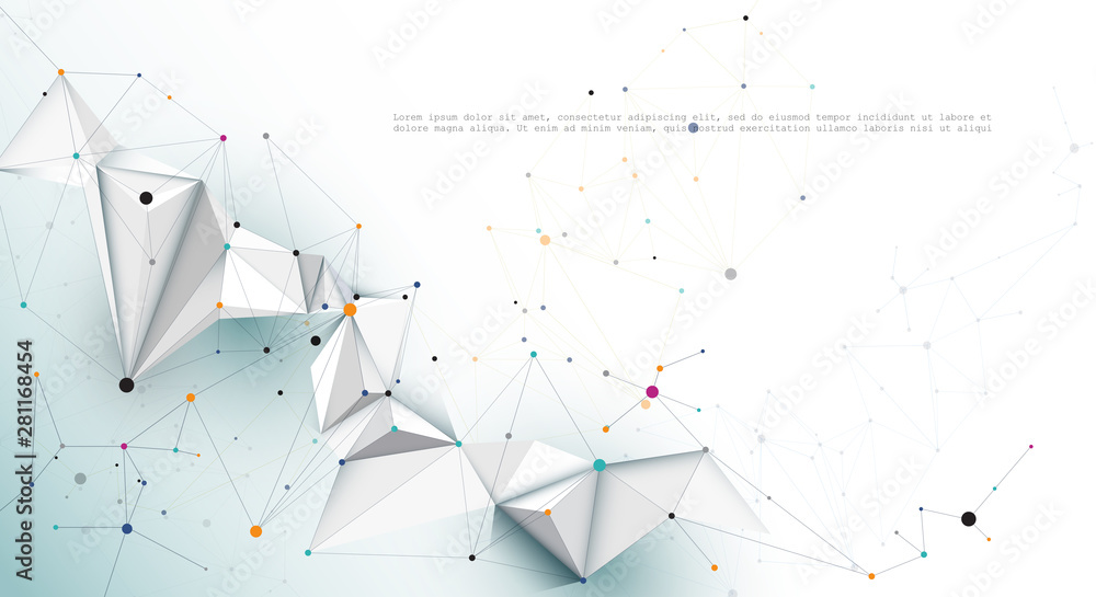 Illustration Abstract Molecules with Lines, Geometric, Polygon, Triangle pattern. Vector design network communication technology on white gray color background.Futuristic, science technology concept