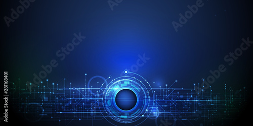 Vector illustration design, digital eyeball and line on circuit board. High tech computer, science technology. Abstract futuristic communication concept. Dark blue color background