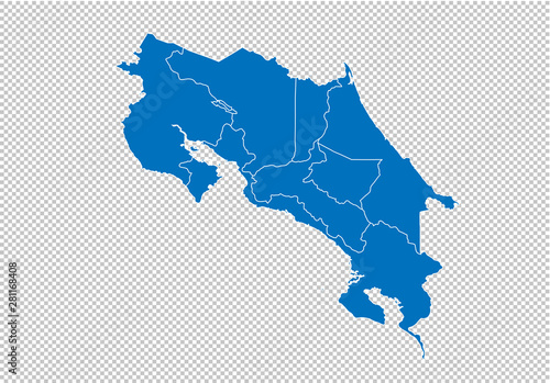 costa Rica map - High detailed blue map with counties/regions/states of costa Rica. costa Rica map isolated on transparent background.