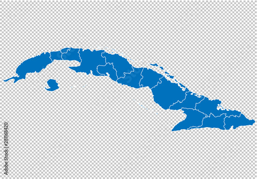 cuba map - High detailed blue map with counties/regions/states of cuba. cuba map isolated on transparent background.