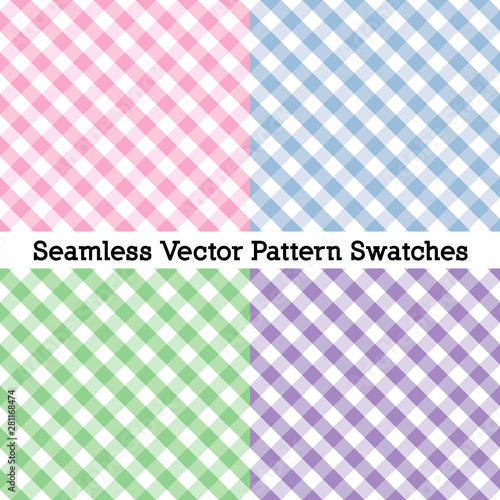 Gingham Cross Weave Seamless Check Patterns, Vector file includes pattern swatches that seamlessly fill any shape, 4 pastel colors: pink, blue, green, lavender, for fabrics, picnics, home decor