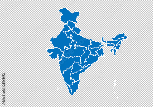 india map - High detailed blue map with counties/regions/states of india. nepal map isolated on transparent background.