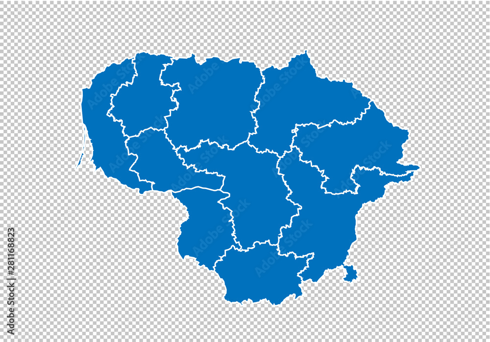 lithuania map - High detailed blue map with counties/regions/states of lithuania. nepal map isolated on transparent background.