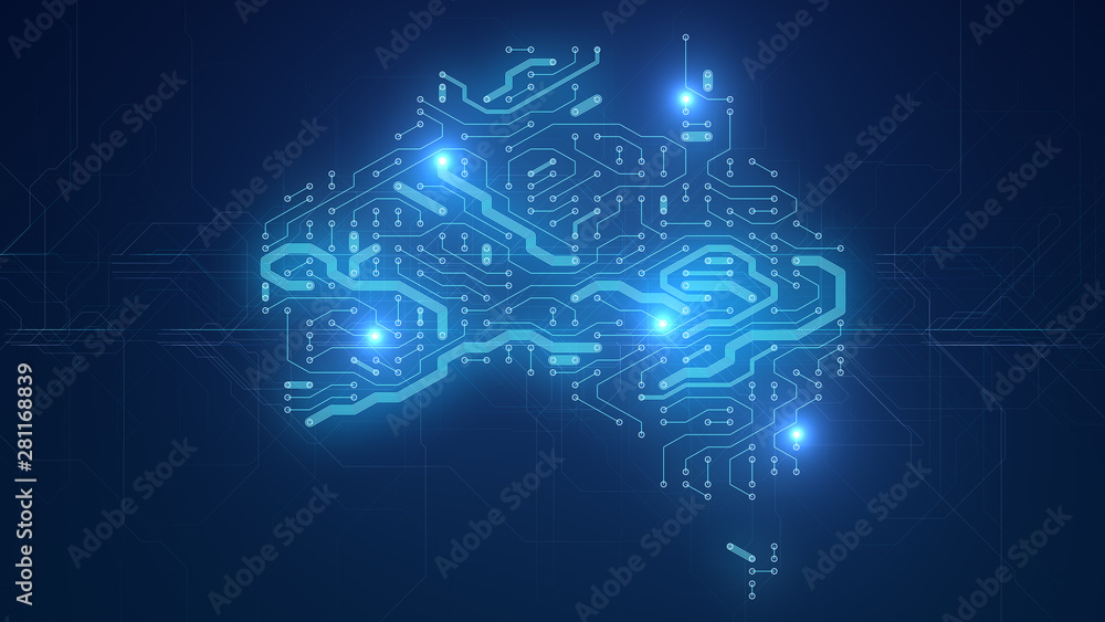 Australia circuit board nbn broadband internet network of fiber telecommunications infrastructure connectivity of the future - illustration rendering Australia circuit board nbn broadband internet network of fiber telecommunications infrastructure connectivity of the future - illustration rendering
