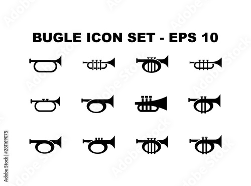 12 Bugle Icon Set Collection. Twelve Trumpet Illustration Icon Set in Trendy Flat Isolated on White Background Vector