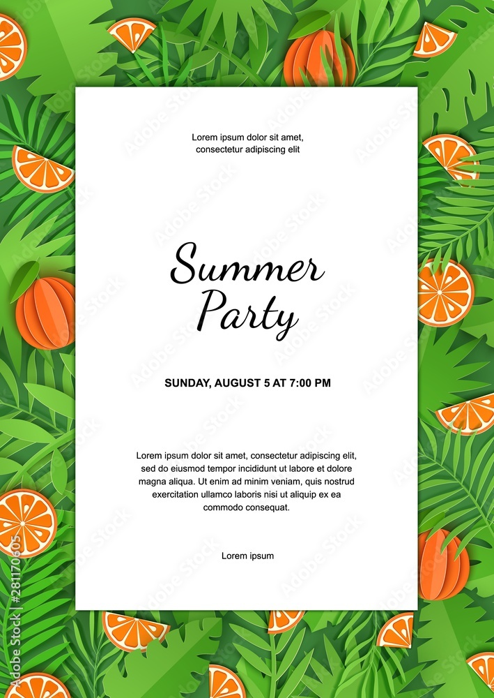 Paper cut white sheet with heavy foliage and citrus mandarin. Green jungle leaves and slice fruit frame. Vector card illustration with place for advertising text, party invitation, announcements