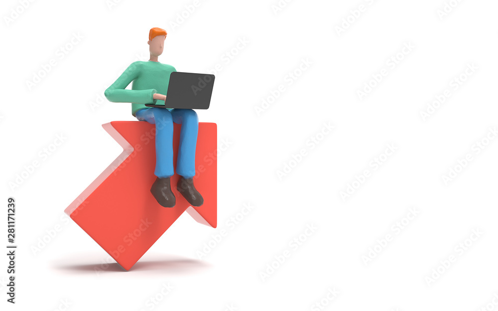 A man working growth direction. Concept business illustration, Leader, Arrows, Reverse trend.3d rendering,conceptual image. A man working growth direction. Concept business illustration, Leader, Arrows, Reverse trend.3d rendering,conceptual image.