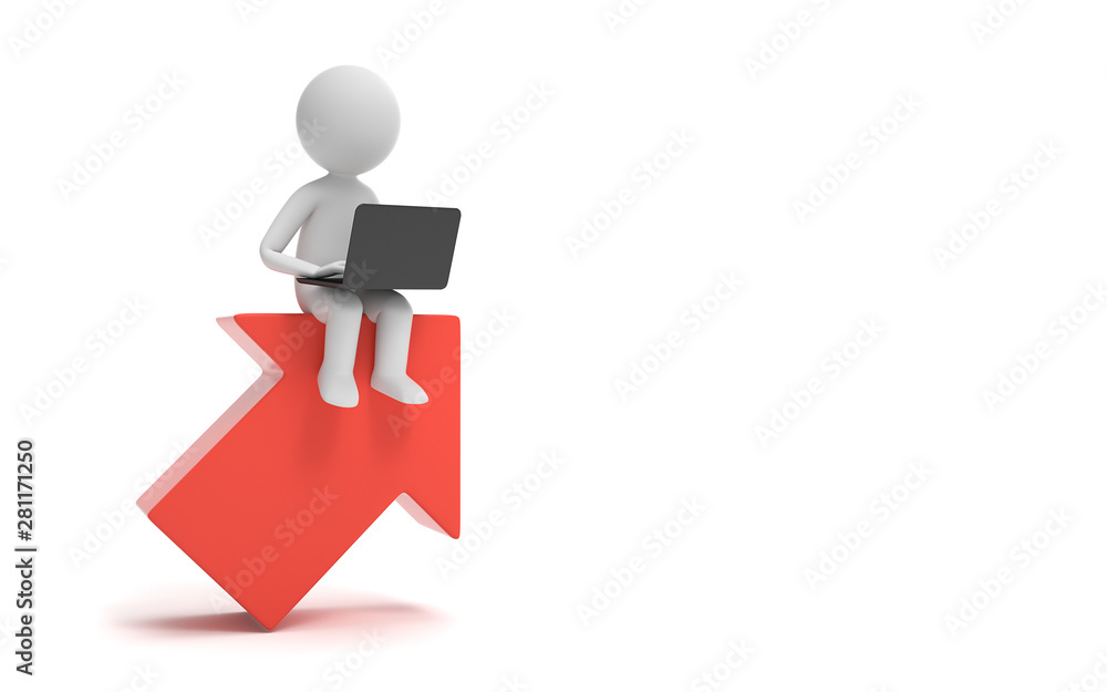 A man working growth direction. Concept business illustration, Leader, Arrows, Reverse trend.3d rendering,conceptual image. A man working growth direction. Concept business illustration, Leader, Arrows, Reverse trend.3d rendering,conceptual image.