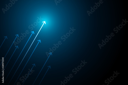 Blue light arrows up on black background, copy space composition, business grow concept.