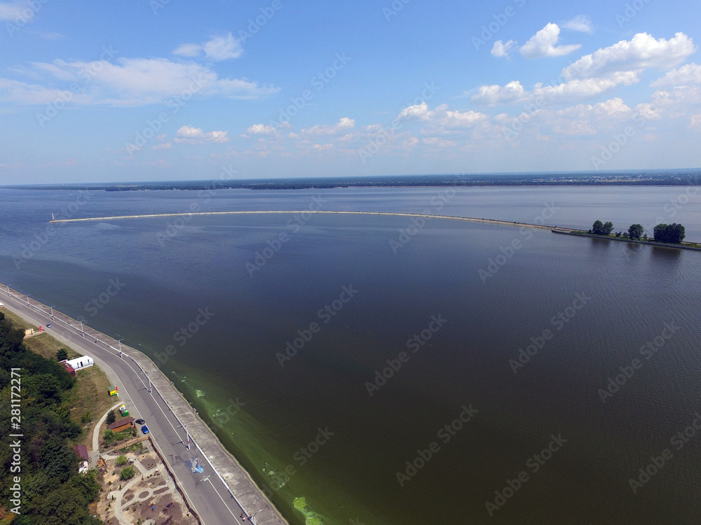 Aerial drone view of  Dnepr river. Near Kiev