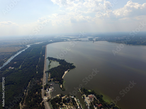 Aerial drone view of Dnepr river. Near Kiev