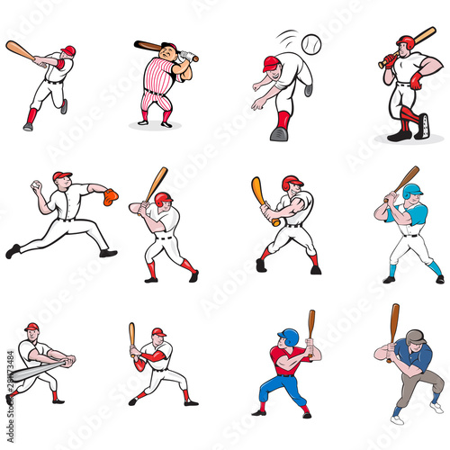 Set or collection illustration of American baseball player, pitcher or batter, batting, pitching or throwing ball cartoon style isolated on white background.