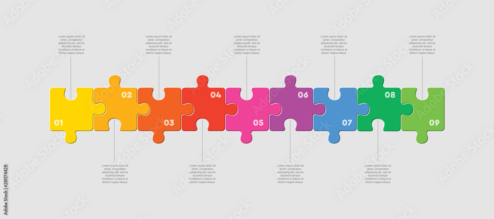 Nine pieces jigsaw puzzle squares line infographic Stock Vector | Adobe ...