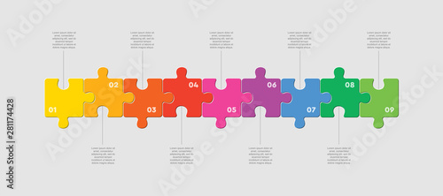 Nine pieces jigsaw puzzle squares line infographic