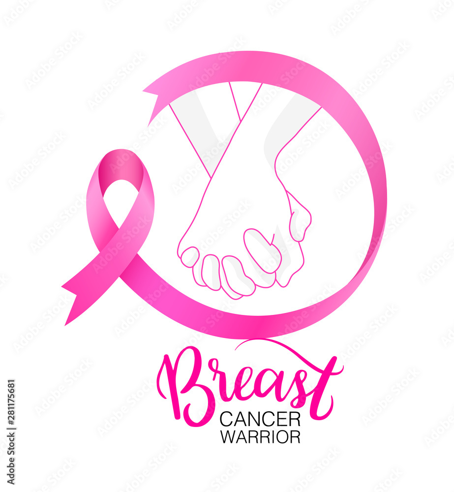 Holding hands with  Pink ribbon curve. Breast Cancer Awareness Month Campaign. Icon design. Vector illustration isolated on white background.