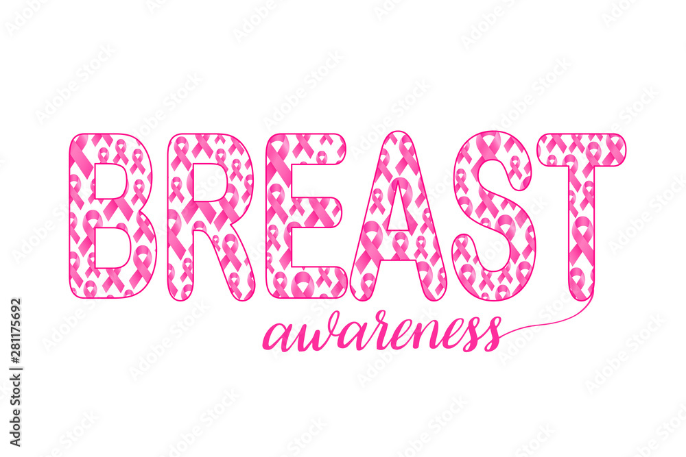 Pink ribbon fill in breast text. Breast Cancer Awareness Month Campaign. Icon design. Vector illustration isolated on white background. Pink ribbon fill in breast text. Breast Cancer Awareness Month Campaign. Icon design. Vector illustration isolated on white background.