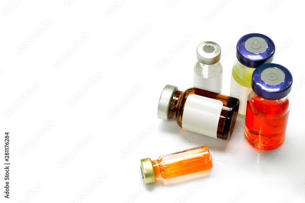 Vaccines and injections drug in vial various sizes isolate on white background. Vaccines and injections drug in vial various sizes isolate on white background.