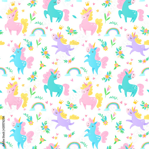 Seamless vector summer pattern with different unicorns, rainbows and flowers