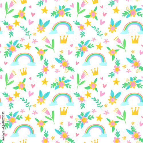 Seamless vector summer pattern with rainbows and flowers