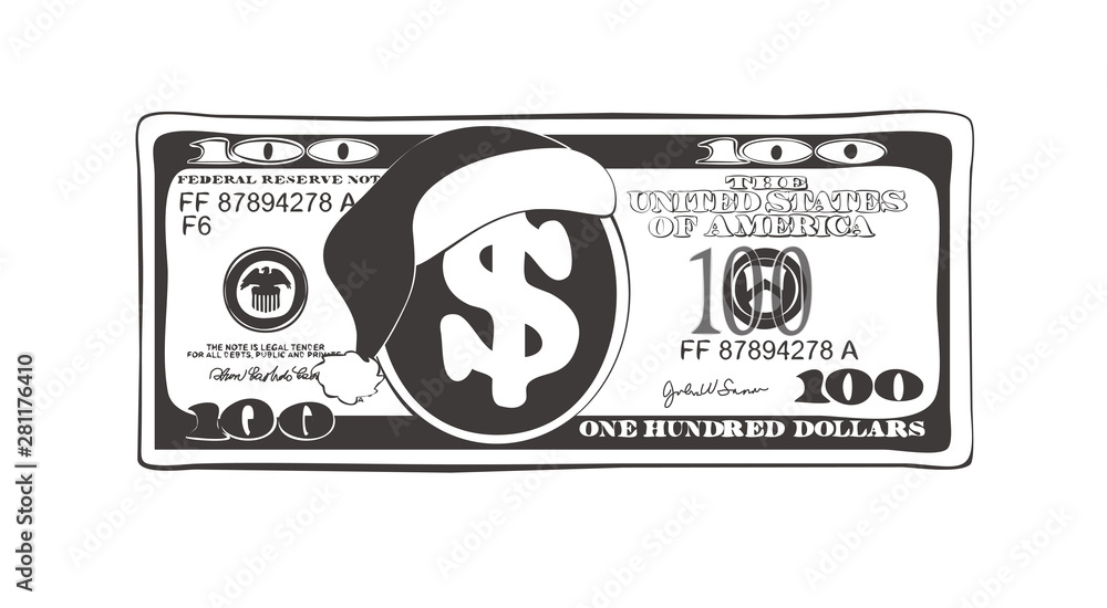 Design of 100 dollar with Santa Claus hat. Christmas bill one hundred  dollar in black and white colors. Stock Vector | Adobe Stock