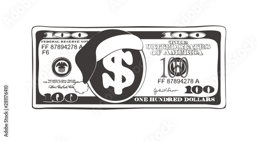 Design of 100 dollar with Santa Claus hat. Christmas bill one hundred dollar in black and white colors.