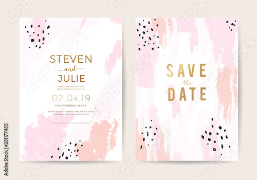 Minimal wedding invitation card design template with pink and rose gold brush texture. vector