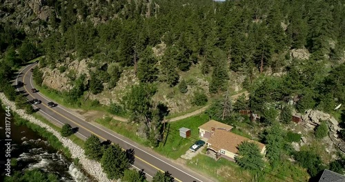 Mountains and a road in a drone pan framed by two tripod shots. 4k 60fps.  Rocky Mountain Colorado near Estes Park. photo