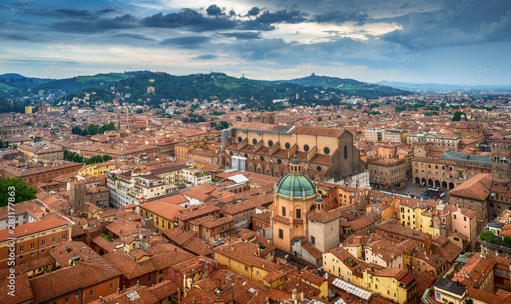 Panorama of the Bologna city in Italy in a summer cloudy day. View from the Asinelli tower.