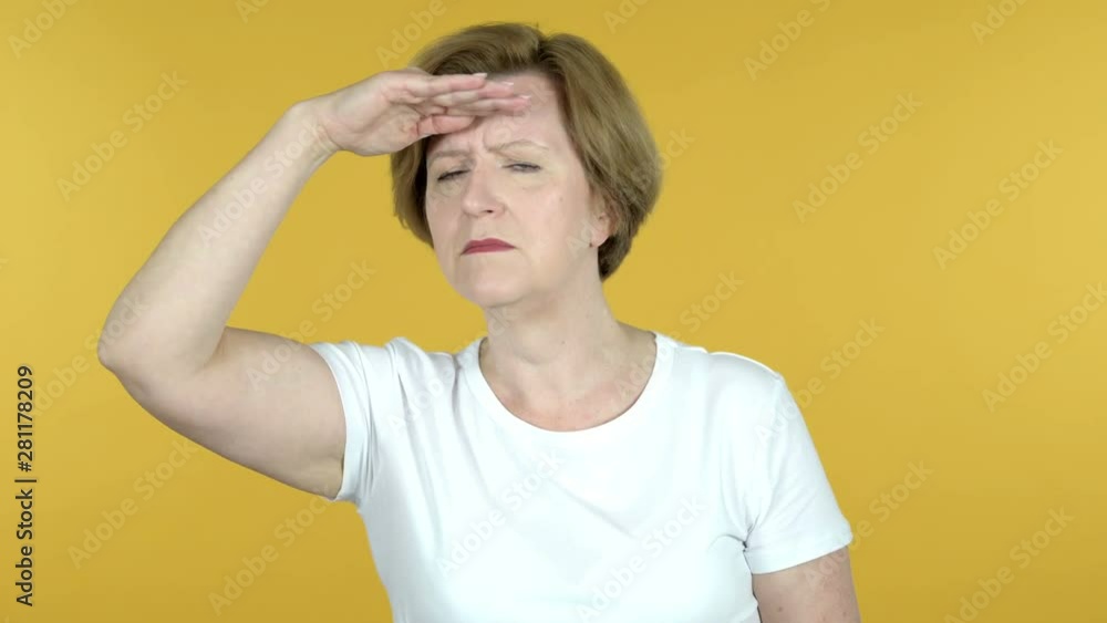 Old Woman Searching New Chance, Yellow Background Old Woman Searching New Chance, Yellow Background