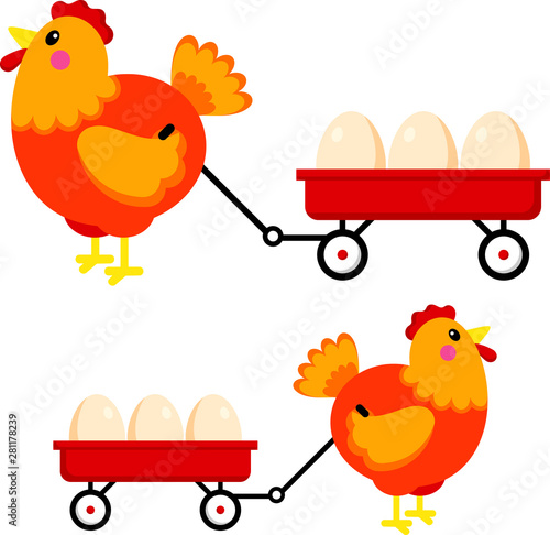Chicken Hen Cartoon Pulling Wagon of Eggs Vector