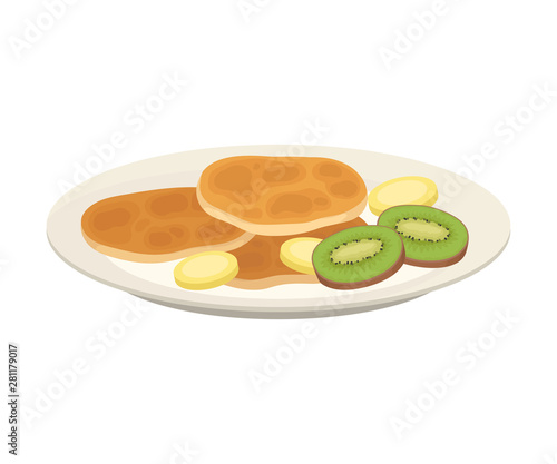 Pancakes with pieces of fruit on a plate. Vector illustration on white background.