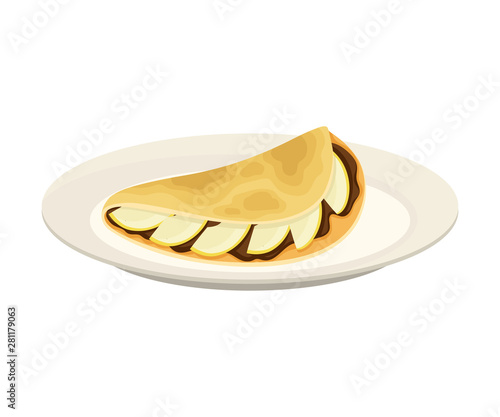 Pancake with chocolate and fruit filling. Vector illustration on white background.