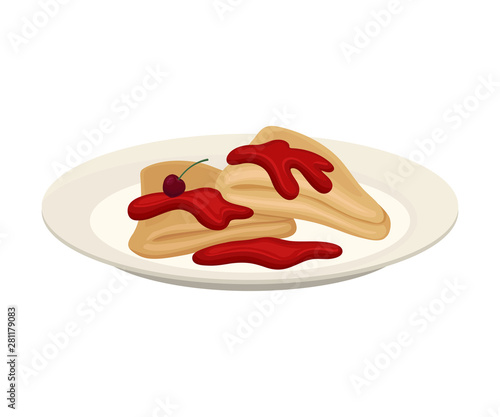 Pancakes are folded in the shape of a triangle on a plate. Vector illustration on white background.