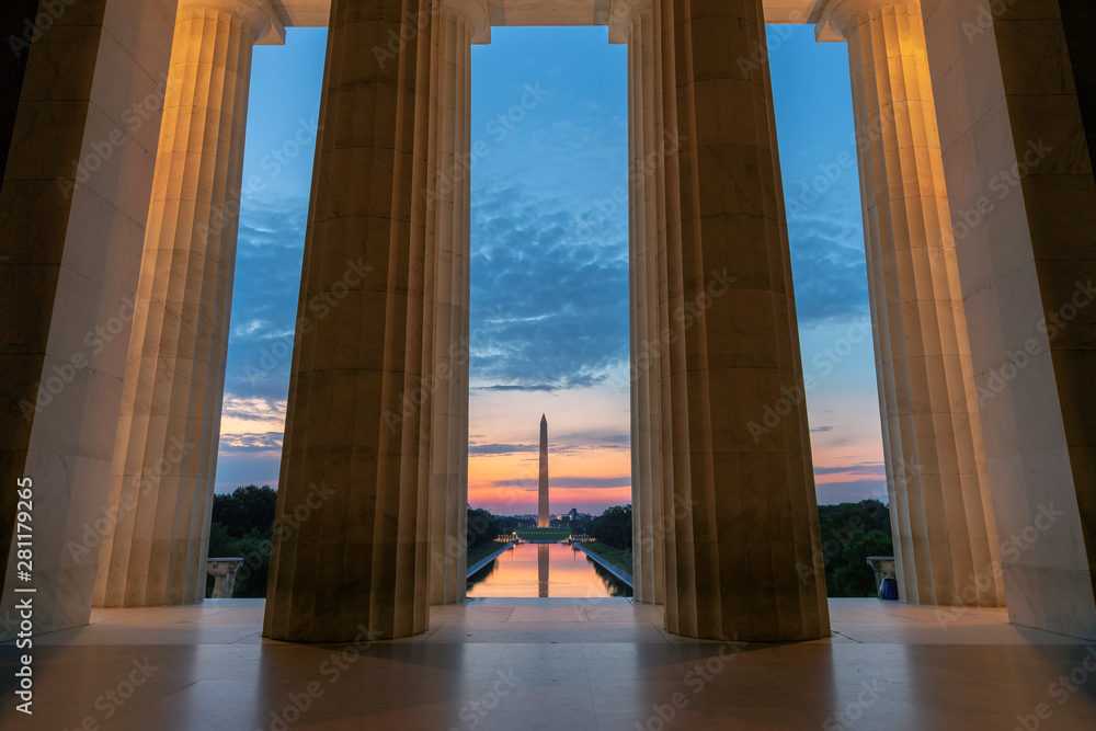 Lincoln Memorial at Sunrise, view at Washington Monument and Reflecting Pool in Washington, D.C., USA.