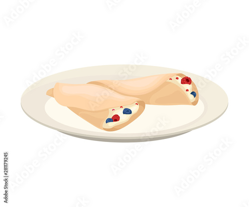 Pancakes stuffed with sour cream and berries. Vector illustration on white background.